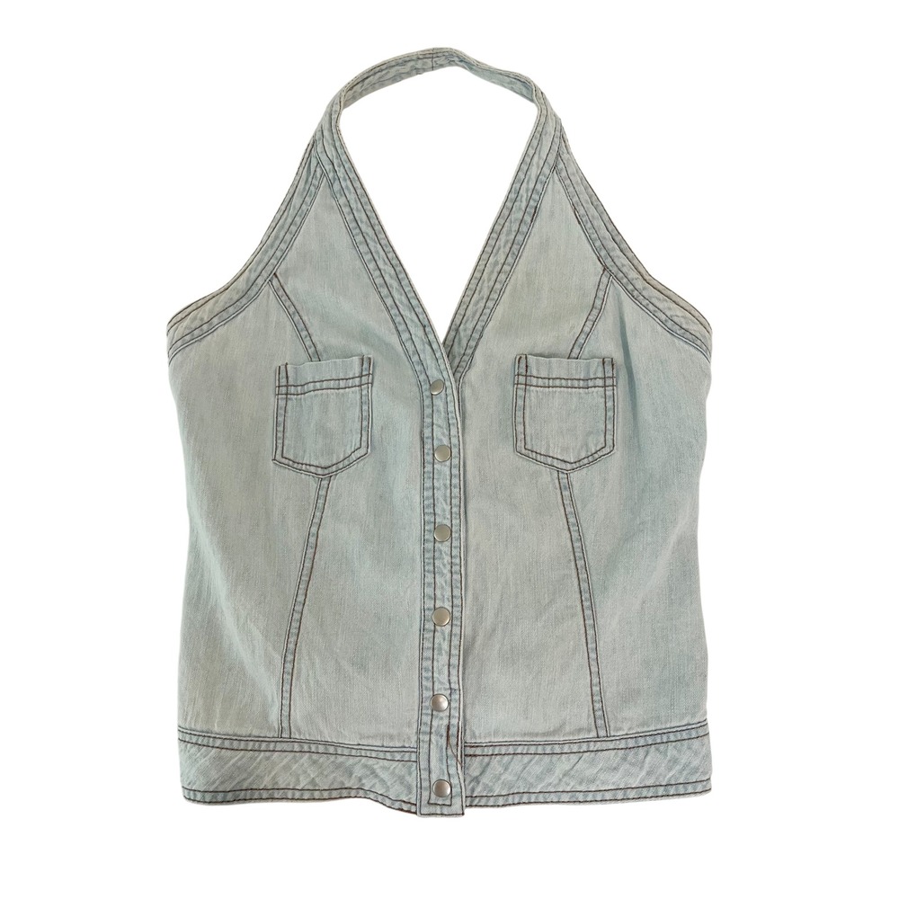 Vtg Faded Glory Denim Halter Top Y2K Light Wash Lace Up Country Western SMALL